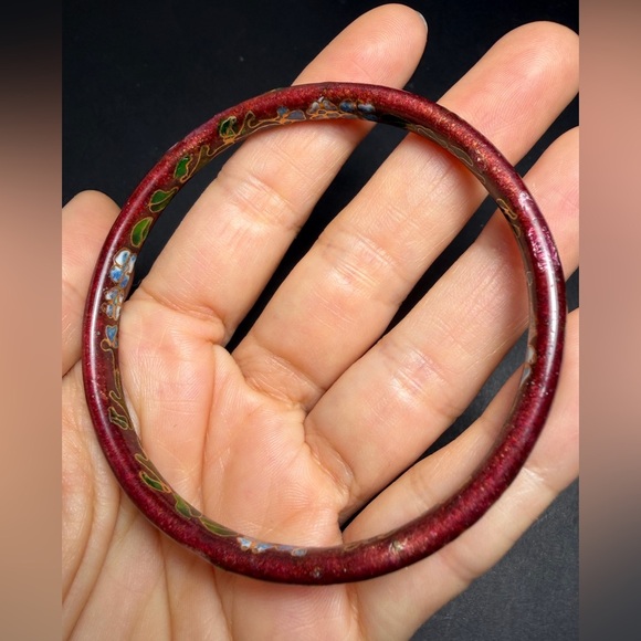 Vintage Red Cloisonné Floral Bangle Bracelet - Picture 6 of 8
